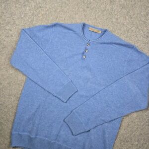 Raffi Henley Sweater Mens Large Blue Merino Wool Cashmere Blend Elbow Patches
